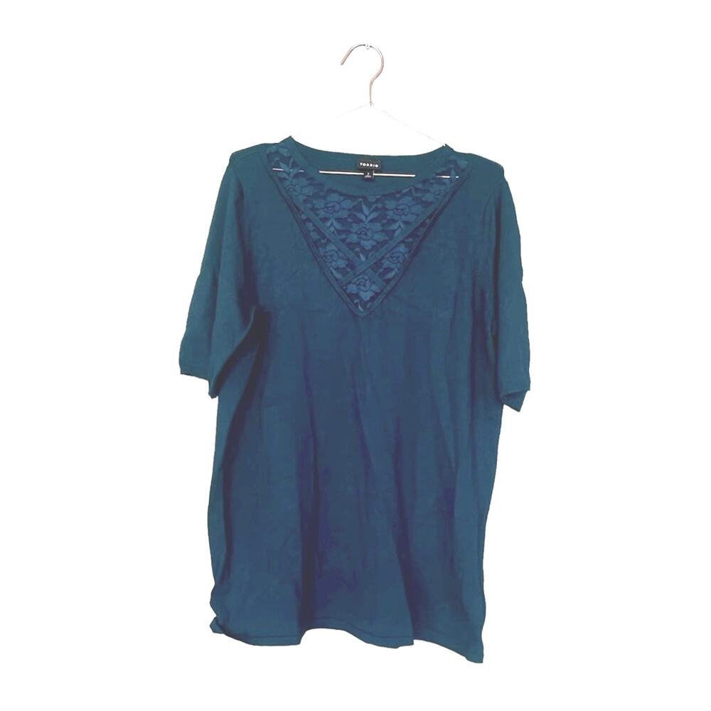 Torrid Aqua Short Sleeve Sweater with Lace Detail - Size 2